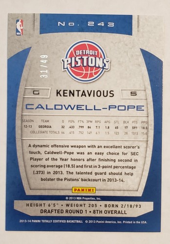 Kentavious Caldwell-Pope 2013-14 Totally Certified Blue RC /49 NM or better - Picture 2 of 2