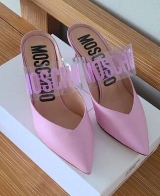 NIB *AUTHENTIC* Moschino Couture! Pink Clear Strap Logo Kitten Heels Size  HOT