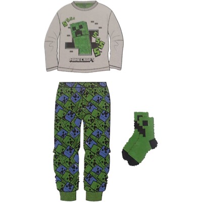 Minecraft Creeper Kinder Pyjama Set mit Socken Kuschelige Nachtwäsche für Gamer
