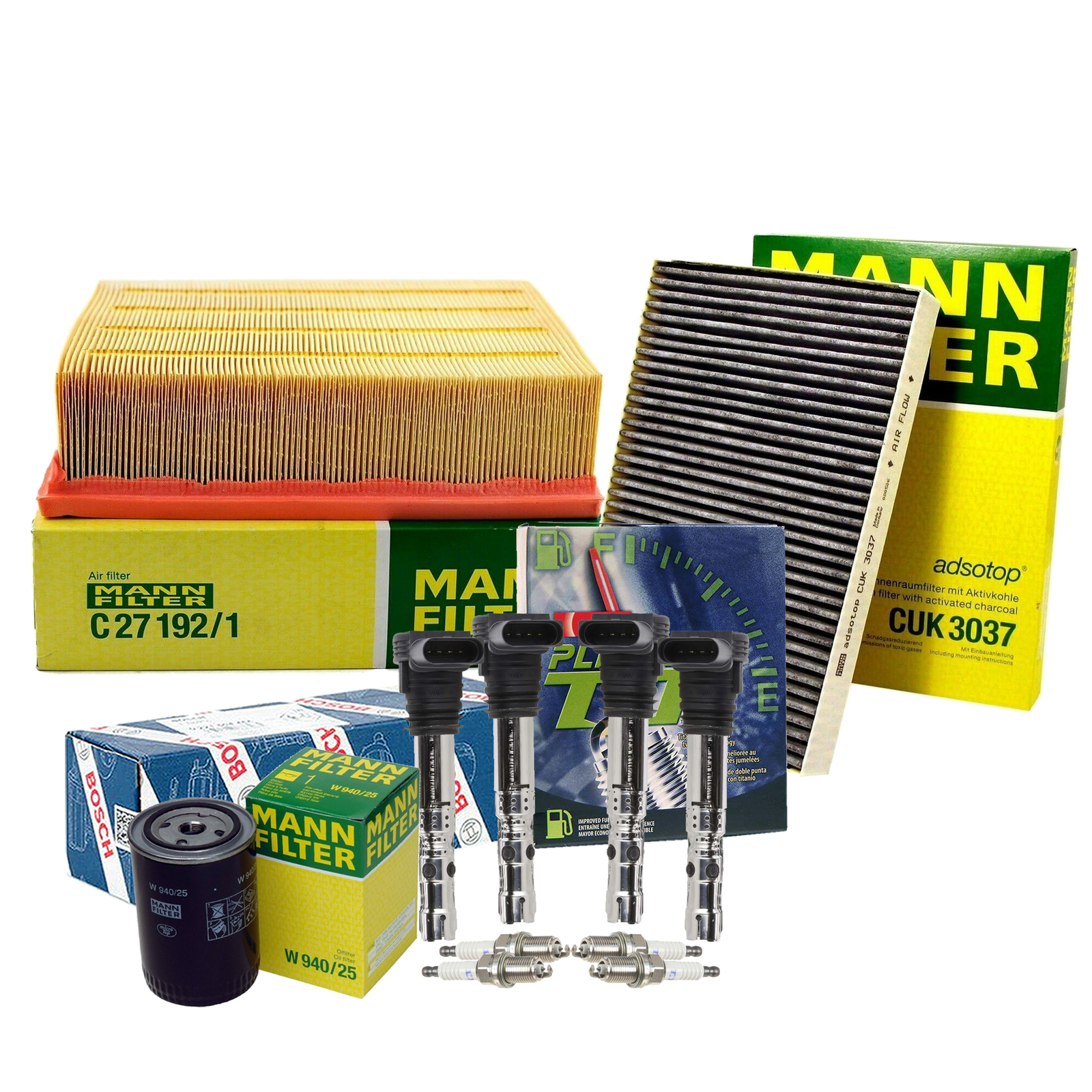 Mann Filters Bosch 4 Coils Denso 4 Platinum TT Spark Plug TuneUp Kit For Audi L4