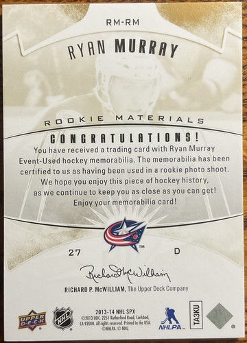 2013-14 SPx Rookie Materials PATCH 2 COLOUR Ryan Murray #RM-RM #’d 22/75 - Picture 2 of 3