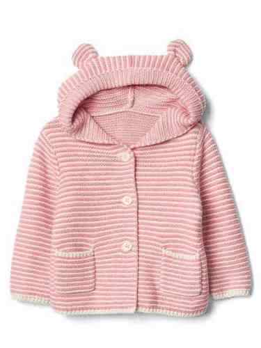 Baby Gap Factory Pink Stripe Bear Hoody Cardigan Sweater 0-3 Months $30 NWT