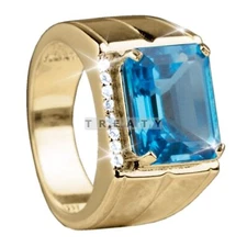 Blue Topaz Emerald Cut With 925 Sterling Silver Gold Plated Ring For Men's #33