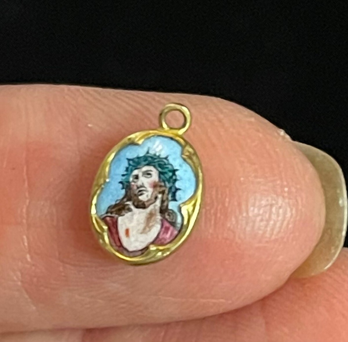 Antique 10k Gold miniature enamel Religious medal pendant charm