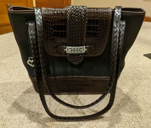 Brighton Black With Brown Accents Leather Tote Purse With Braided Straps - Picture 1 of 10