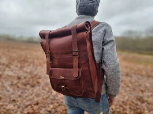 Roll Handy Backpack Rucksack Rolling Bag travel Bikers Bag in Real leather
