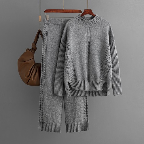 Women 2 Piece Outfits Long Sleeve Knit Pullover Sweater Top Wide Leg Pants Home - Picture 37 of 48