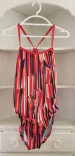 Nike Swimsuit Size 14 Neon Red Pink Black Zig Zag Stripe One-Piece Racer Back