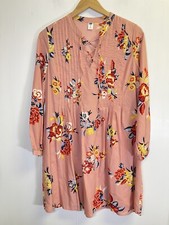 Old Navy Women's XS Blush Pink Floral Dress Long Sleeve Pintuck Front & Tie Neck
