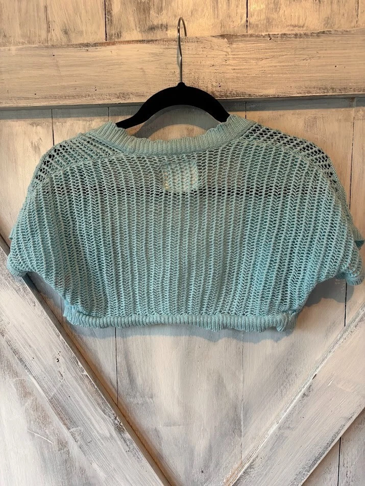 JUSTICE Girls Cropped Summer Cardigan Crochet Top Shirt 8/10 Blue Short-Sleeve - Image 4 of 4