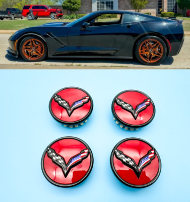 NEW Set of 4 Red  Wheel Center Cap For C7 With Color Flags Corvette 68mm 2.7''