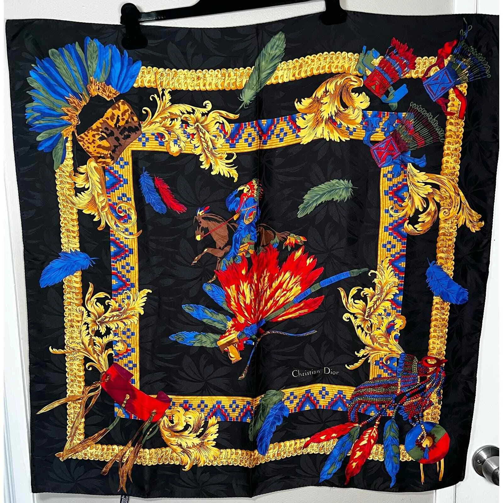 Foulard vintage Christian Dior Monsieur motif amérindien soie 35