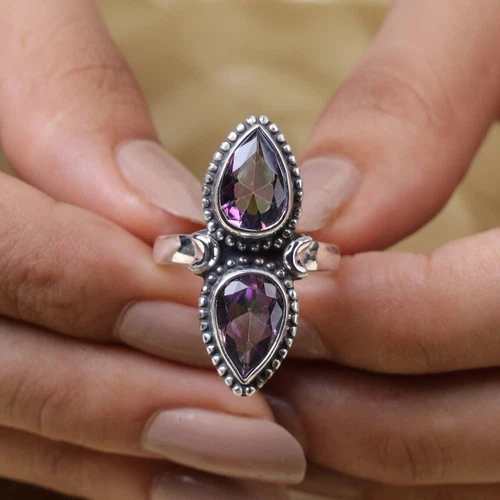 Solid 925 Sterling Silver Natural Mystic Topaz Ring Jewelry Gift For Her R 35