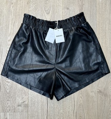 Nanushka Damen Lora Rüschen schwarz vegan Leder Shorts hohe Taille Größe Large