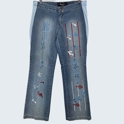 Vtg Angfu Jeans Y2K Artsy Spellout Music Size 7/8 Medium Wash Patchwork Stretch