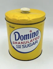 Vntg Metal Lidded Yellow Tin Amstar Domino Granulated Sugar JL Clark 7.5” USA