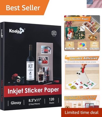 Koala Printable Glossy Sticker Paper for Inkjet Printer, White, 8.5x11 Inch S...