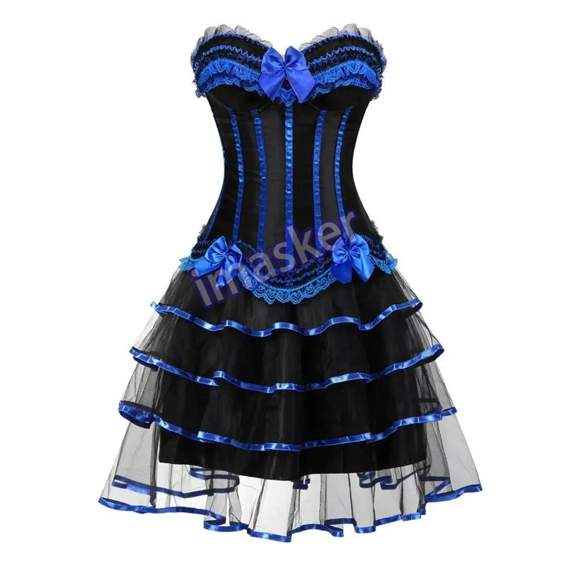 Corset Dress And Skirt Set Vintage Striped Floral Lace Dress Corset Bustier Top - Image 2 of 4