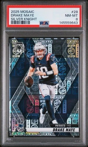 Drake Maye 2025 Panini Mosaic #28 Silver Knight Prizm /149 PSA 8