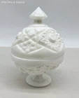 Pressed Milk Glass White Geometric Starburst Lidded Candy Dish 6 Inch Vintage