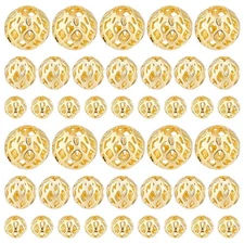 PH PandaHall 60pcs 18k Gold Plated Round Beads, 3 Sizes Round Brass Hollow Be...