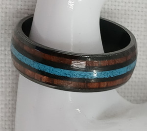 Mens Ring Tungsten Style Black w wood & Crushed Turquoise Inlay Domed Sz 11