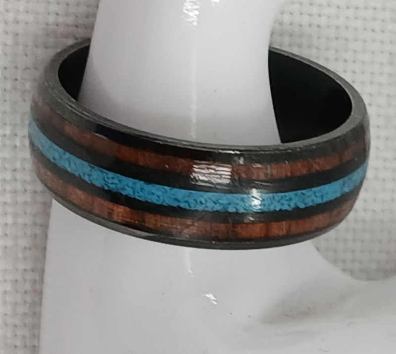 Mens Ring Tungsten Style Black w wood & Crushed Turquoise Inlay Domed Sz 11