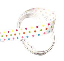3 yds 7/8" Multi-Color Polka Dots on White Grosgrain Ribbon 100 poly Version 5