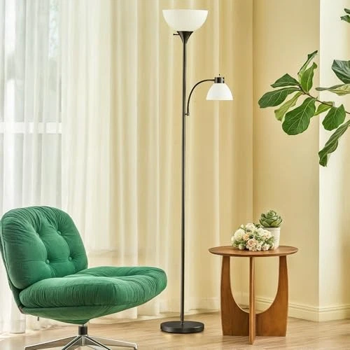  Torchiere Floor Lamp, 71" Standing Lamp with Adjustable Reading 2-Lights Black