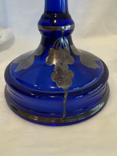 Cobalt Blue Colored Glass 8.5” Candlestick Holder With Decorative Silver Overlay - Bild 8 von 16
