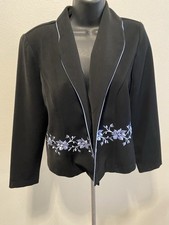R K Original Petite Size 8P Blazer Jacket Black With Embroidered Flowers