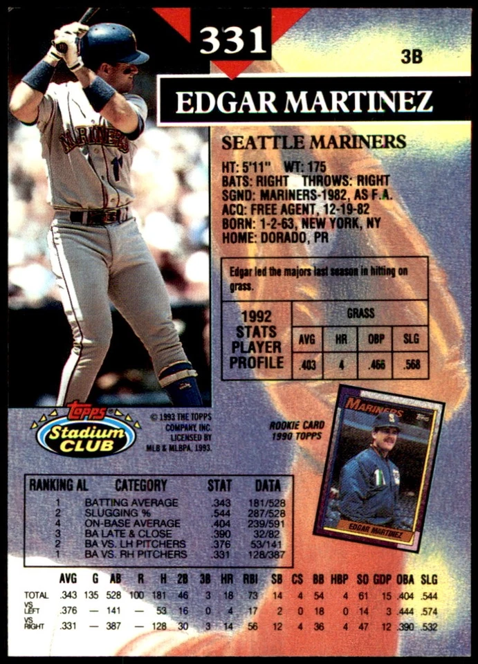Edgar Martinez 1993 Stadium Club #331 Mariners MLB READ FREE SHIP AutographDen - Image 2 of 2