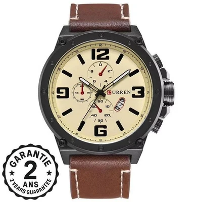 Montre Homme Cuir PU Militaire Curren Date/Jour Grand Cadran IP67 3 Cadrans - Photo 1/4