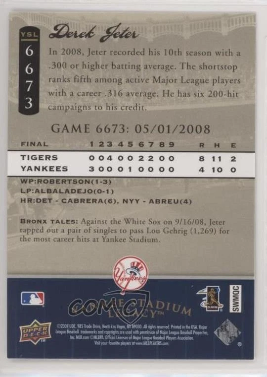 2008 Upper Deck Yankee Stadium Legacy Derek Jeter #YSL6673 HOF - Image 2 of 2