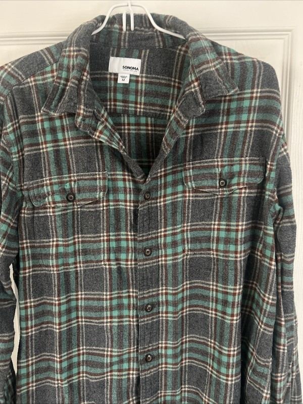 MEN'S GRAY/TEAL PLAID LONG SLEEVE COTTON SHIRT - BY: SONOMA  - SIZE: MEDIUM