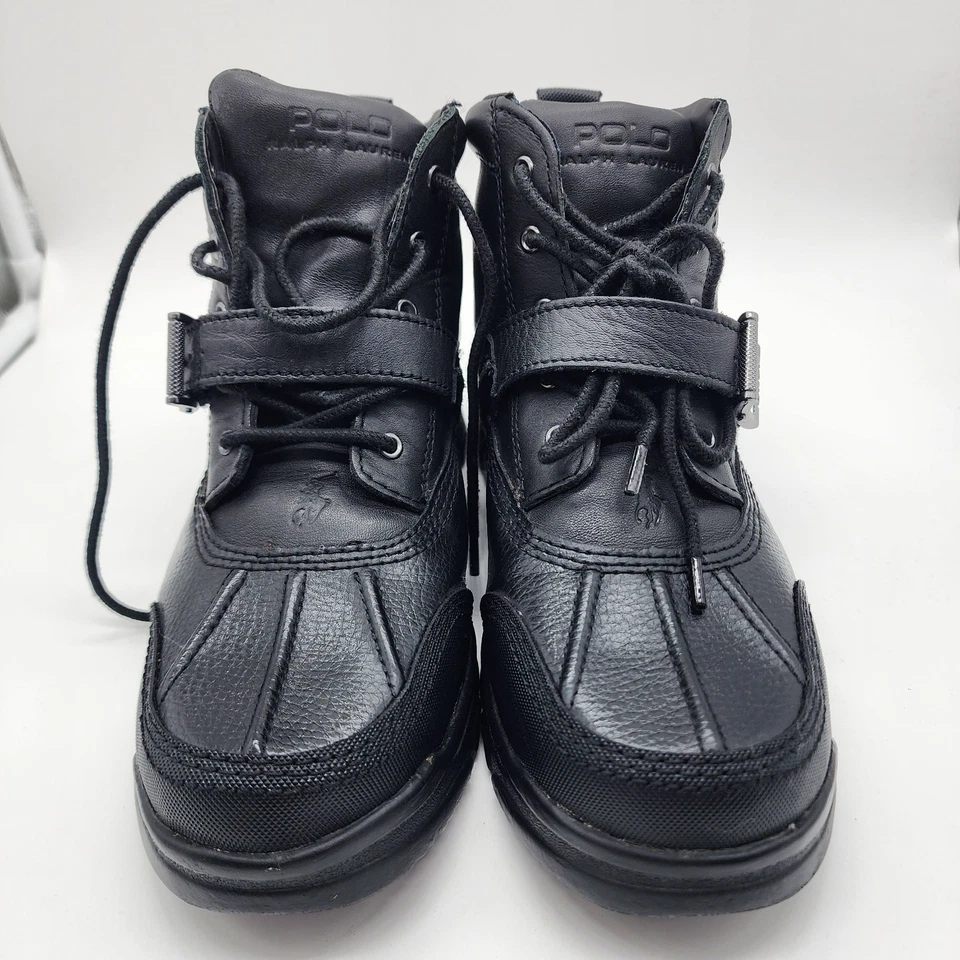 Polo Ralph Lauren Ranger Tyrek Boots Youth 5 Black Leather Buckle Duck Toe - Image 2 of 4