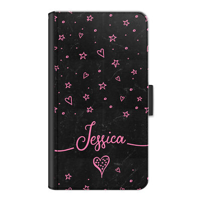 Personalisierte Handyhülle Initiale; Rosa Stern Schwarz Marmor PU Leder Flip Cover