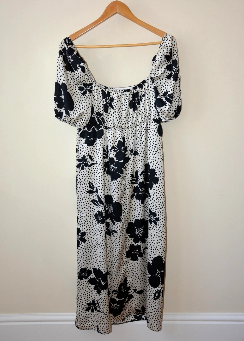 OFF WHITE ABITO MIDI DAMIGELLA EX NEW LOOK OFF WHITE+NERO STAMPA FLOREALE E CRUSCOTTO TAGLIA 10 20