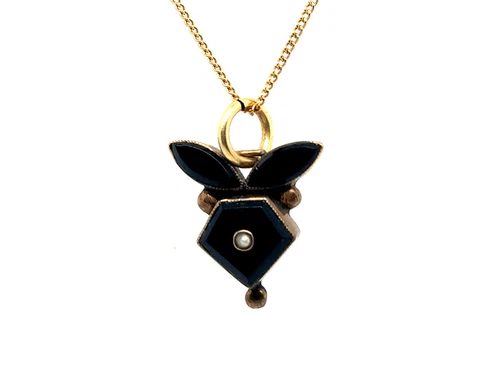 Victorian Onyx Pearl Necklace Pendant 14K Yellow Gold Antique Original 1850's