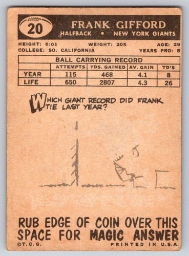 1959 Topps - #20 - Frank Gifford - New York Giants - VG - F0777 - Foto 2 di 2