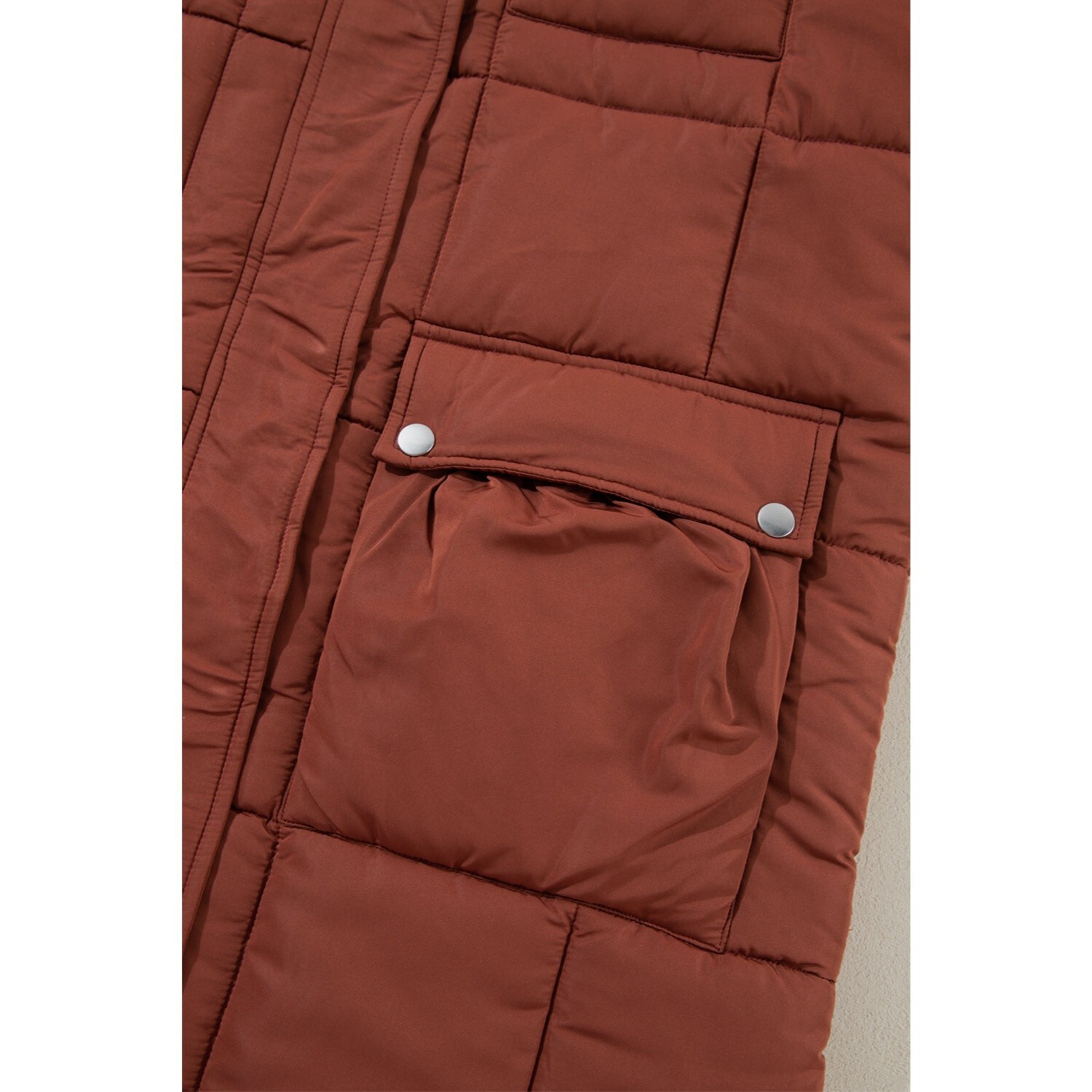 Coffee Quilted Puffer Stand Neck Zipped Mid-length Coat Small image 8