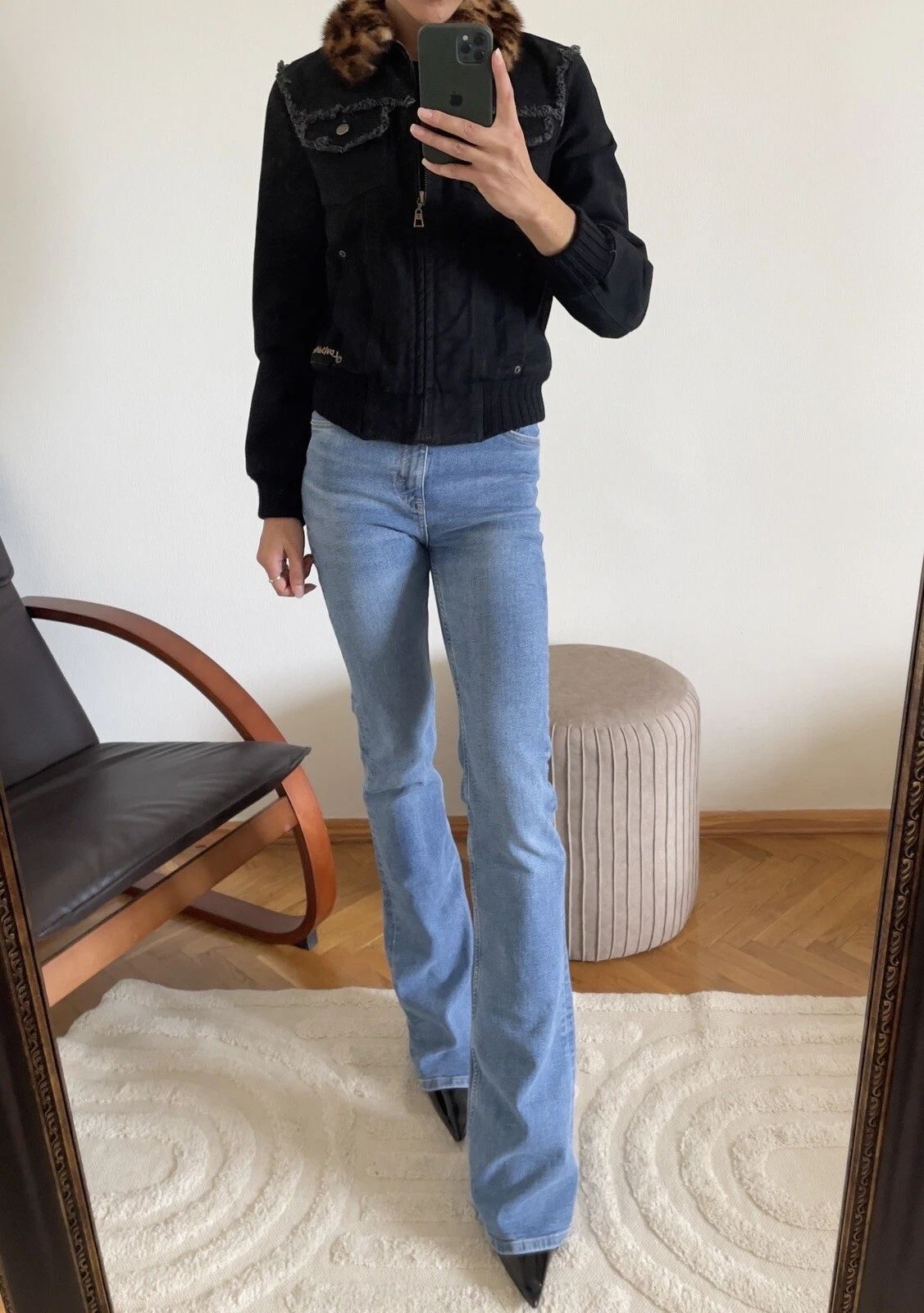 LOUIS VUITTON（LV） Autentica giacca bomber Louis Vuitton denim nero in pelliccia di visone con logo colletto in pelliccia di visone taglia 36