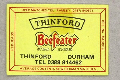 Matchbox Label Upec Beefeater Thinford Durham MR221