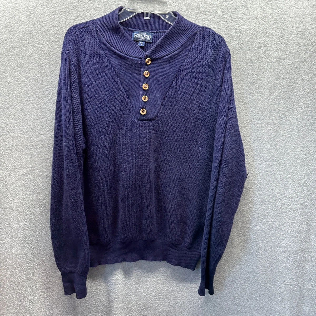 Vintage Lands End Sweater Mens Medium Blue Fishermans Knit Henley Made in USA