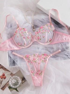 Ladies Pink Floral Embroidery Mesh Strappy Bra and Thong Lingerie Set, Rave Cheap24