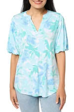 Susan Graver Women's Printed Liquid Split Neck Blouson Sleeve Top Aqua