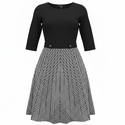 Maggy London Ronan Aline Mixed Media Midi Dress Black White Houndstooth XS NEW