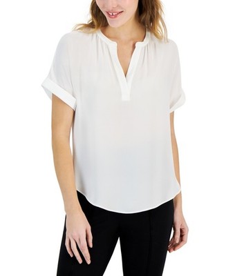 T Tahari Split Neck Rolled Cuff Sleeve Blouse Women's White Solid Pullover XL
