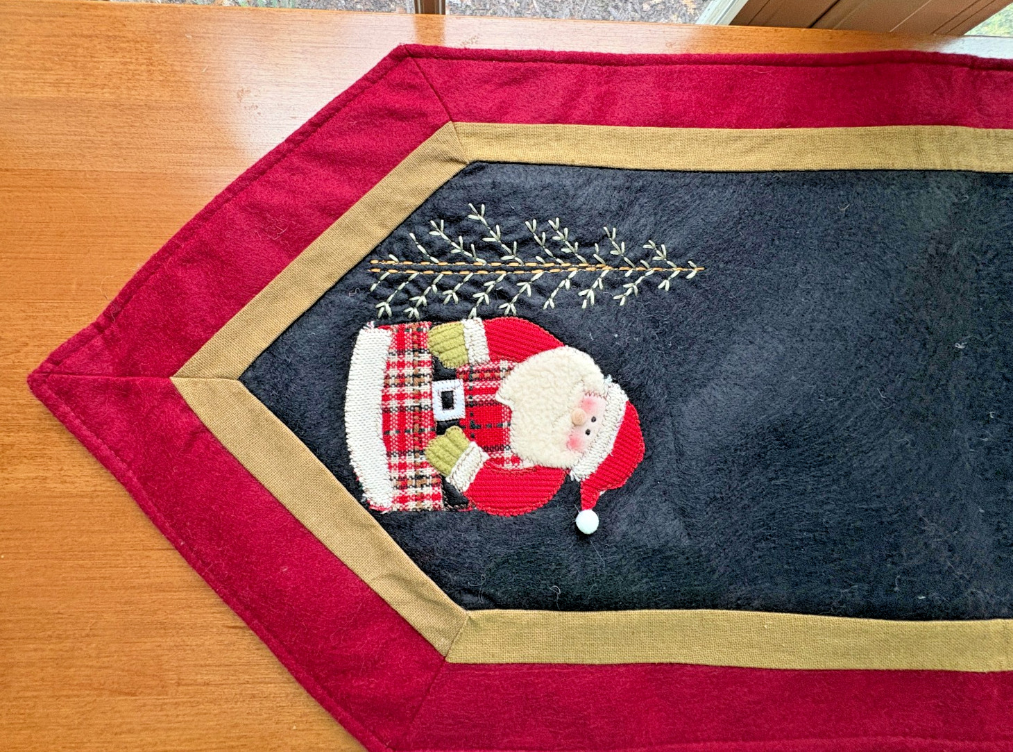 Long Santa Heavy Felt Table Runner 14.5"X 71" Applique  - Black Red & Tan
