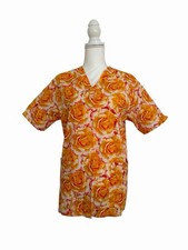 Uniform City Orange Floral Rose Print Nursing Medical Scrub Top Women's Small